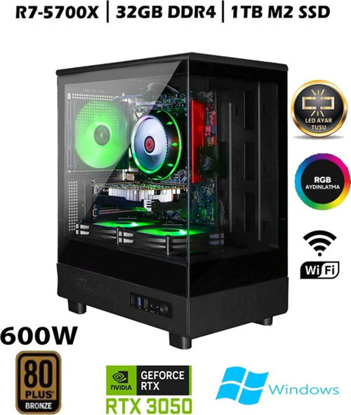 Tc93 Ryzen 7 5700X 32Gb Ram 1Tb M.2 Nvme Ssd Rtx3050 Gddr6 Masaüstü Oyuncu Bilgisayarı