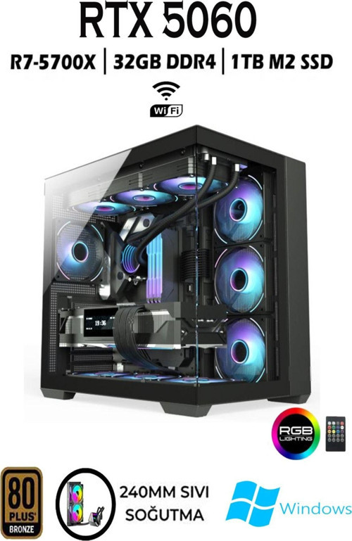 Tcx10 Ryzen 7 5700X 32Gb 1Tb M.2 Ssd Rtx5060 Sıvı Soğutmalı Masaüstü Oyuncu Bilgisayarı Hazır Sistem