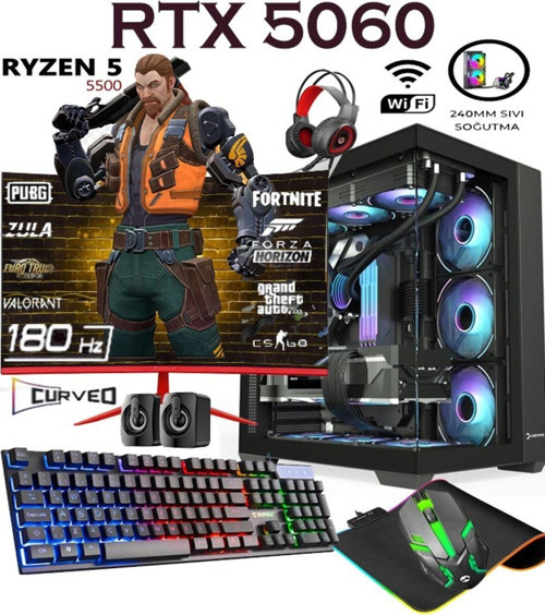 Rebirth X55 Ryzen 5 5500 32Gb 1Tb M.2 Ssd Rtx5060 Gddr7 24'' 180Hz Curved Masaüstü Oyuncu Bilgisayar