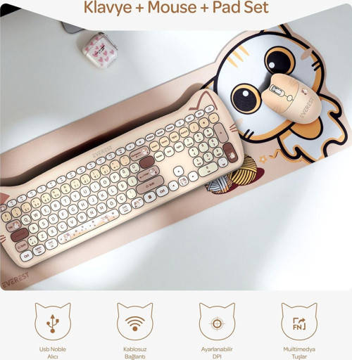 Km-6283 Catty Wireless-Bluetooth Kablosuz Ultra Sessiz Özel Tasarımlı Q Klavye Mouse Mouse Pad Set