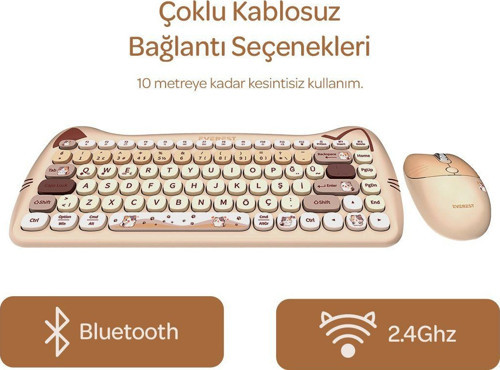Km-6285 Catty Mini Wireless-Bluetooth Kablosuz Ultra Sessiz Özel Tasarımlı Q Klavye Mouse Set Bej