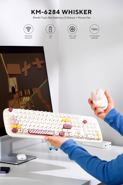 Km-6284 Whısker Renkli Tuşlu Bej Kablosuz Q Klavye + Mouse Set