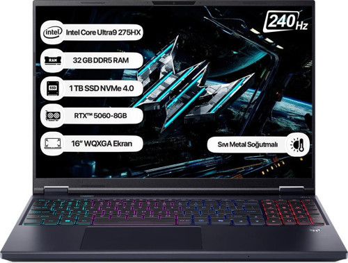 Predator Helios Neo 16 NH.QVUEY.001 Core Ultra 9 275HX 32GB 1TB SSD RTX5060-8GB 16" WQXGA 240Hz Dos Taşınabilir Bil