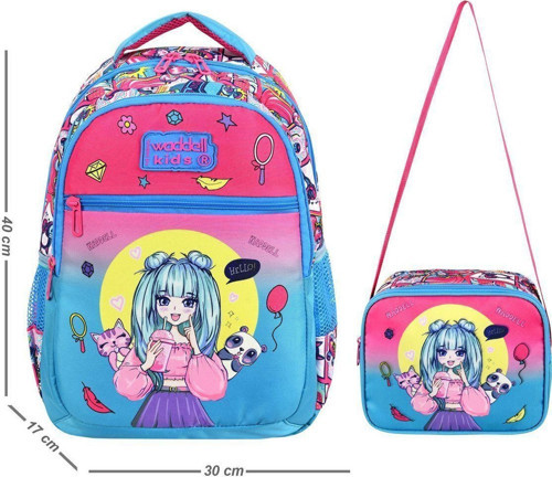 Lisanslı Pembe-Turkuaz Anime Kız Desenli Kız Çocuk Ilkokul Sırt Çantası Ve Beslenme Çantası