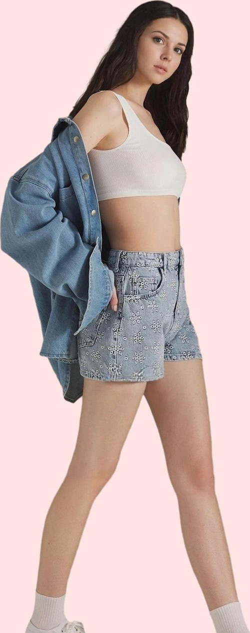 Kadın Çiçekli Desenli Yüksek Bel Denim Şort Pamuklu Günlük Kombinler Yaz Aylarının Vazgeçilmezi