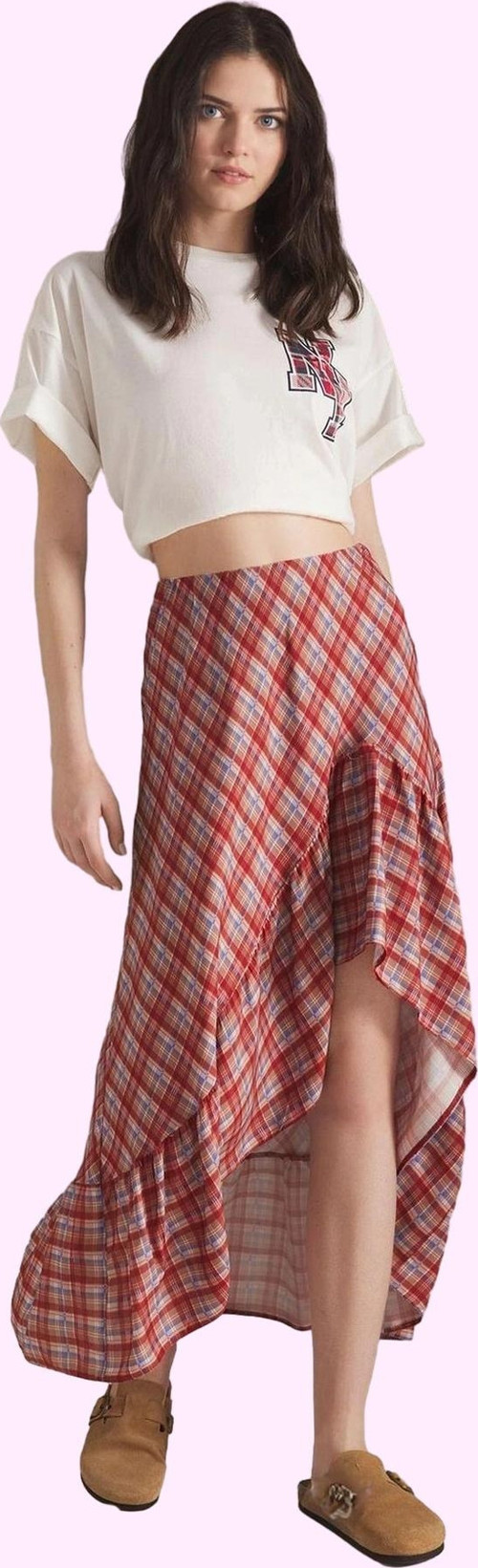 Kadın Yazlık Midi Etek Ekose Desen Shally Dokuma Asimetrik Günlük Stil Yaz Aylarının Vazgeçilmezi