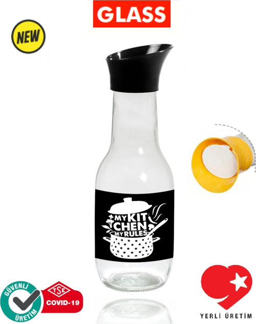 1 Litre My Kitchen Desenli Cam Karaf Su Şişesi Ve Içecek Şişesi