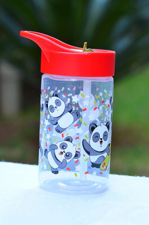 24'lü Paket Bpa Free 430 Cc Şeffaf Renk Sevimli Panda Desenli Pipetli Suluk Ve Matara