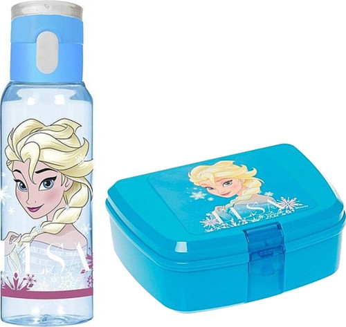 2'li Okul Set Elsa Desenli 500 cc Düğmeli Matara Elsa Beslenme Kutusu