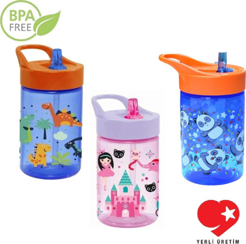3 Adet Set Bpa Free 430 Cc Dinazor, Mavi Panda Ve Prenses Desenli Pipetli Matara