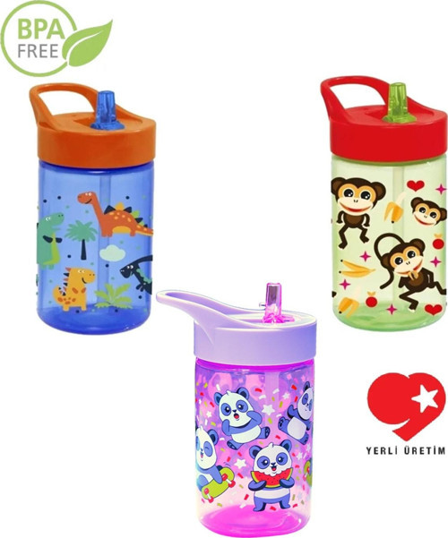 3 Adet Set Bpa Free 430 Cc Dinazor, Pembe Panda Ve Maymun Desenli Pipetli Matara