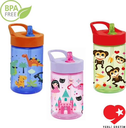 3 Adet Set Bpa Free 430 Cc Prenses, Dinazor Ve Maymun Desenli Pipetli Matara