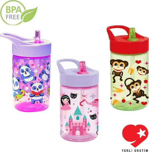 3 Adet Set Bpa Free 430 Cc Prenses, Pembe Panda Ve Maymun Desenli Pipetli Matara