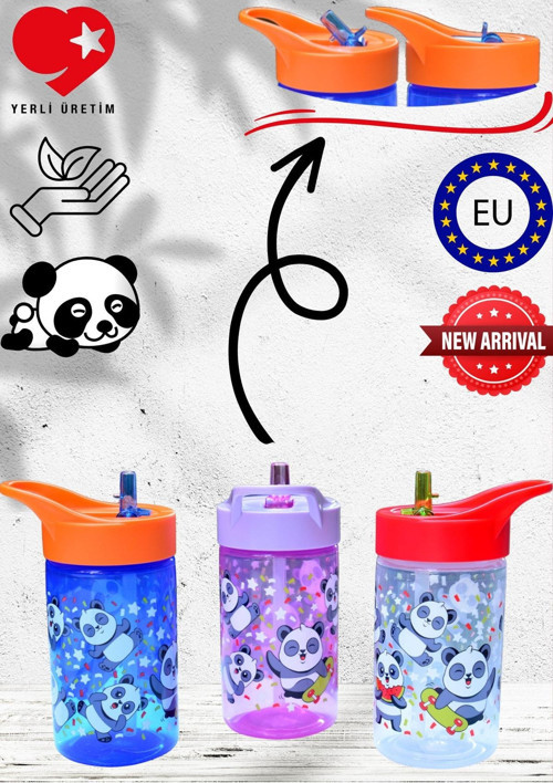 3'lü Set Bpa Free 430 Cc Sevimli Panda Desenli Pipetli Suluk Ve Matara
