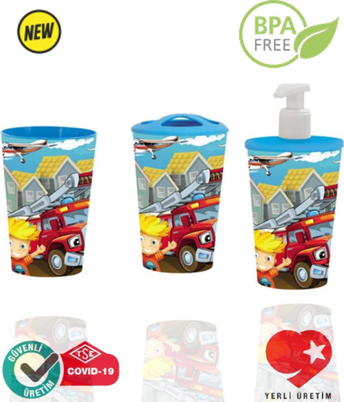 Bpa Free Sarışın Çocuk Ve Araba Desenli Set Bardak-diş Fırçalık-sabunluk