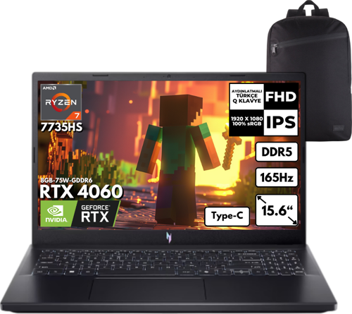 Nitro V15 ANV15-41 Ryzen 7-7735HS 40-GBDDR5 2 TBSSD RTX4060 15.6" Freedos + HMF Sırt Çantası NH.QSFEY.001HMF10