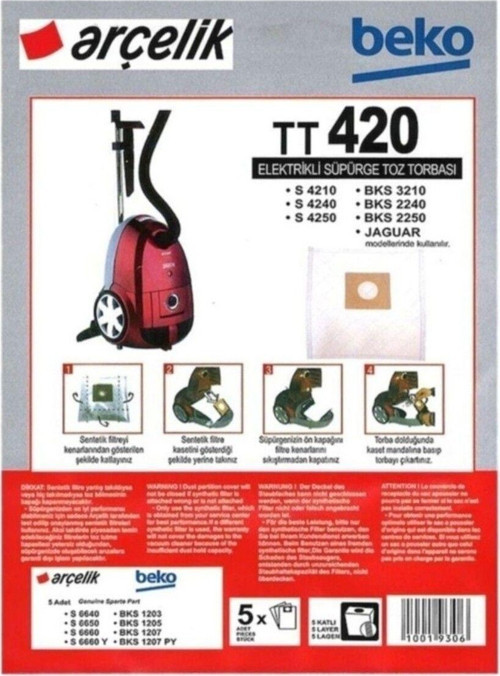 5 Adet Beko Bks 2540 T Elektirikli Süpürge Bez Kumaş Toz Torbası+Performer Motor Koruma Filtresi