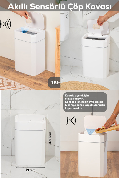 Me02 Hareket Sensörlü Sessiz Kapatma Çöp Kutusu Banyo Mutfak Çöp Kovası Kapaklı Banyo Çöp Kovası 18Lt