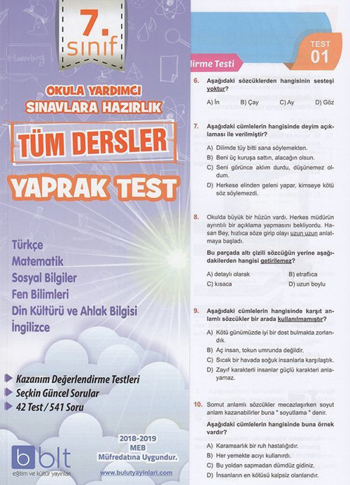 Bulut Eğitim Yayınları 7. Sınıf Tüm Dersler Yaprak Test