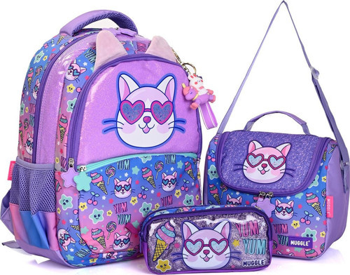 Mu-5802 Mor Kedi Desenli Okul Çanta Seti 3'lü – Sırt Çantası, Beslenme Çantası ve Kalemlik