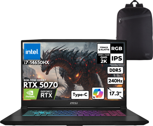 KATANA 17 HX i7-14650HX 64GB 4 TBSSD RTX5070 (8GB-115W) 17.3" 2K QHD 240Hz Win11 Home + Sırt Ç. B14WGK-046XTRHMF43