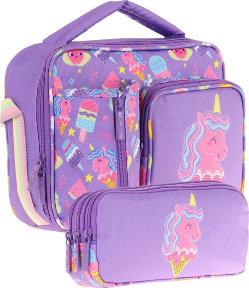 Kids Kız Çocuk Lila Pembe Unicorn Desenli Üç Bölmeli Thermo Beslenme Çantası ve Kalemlik Seti (L7224+L8224)