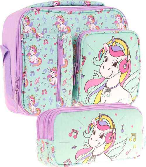 Kids Kız Çocuk Turkuaz Unicorn Baskılı Üç Bölmeli Thermo Beslenme Çantası ve Kalemlik Seti (L7234+L8234)