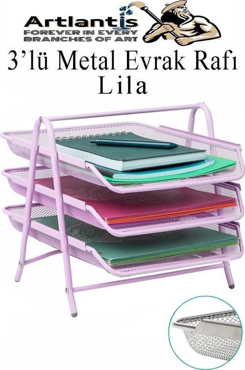 Evrak Rafı Metal 3 lü Lila 1 Paket Masaüstü A4 Dosya Düzenleyici Kağıt Tepsisi Metal Çelik Fileli Dört Katlı Hareketli
