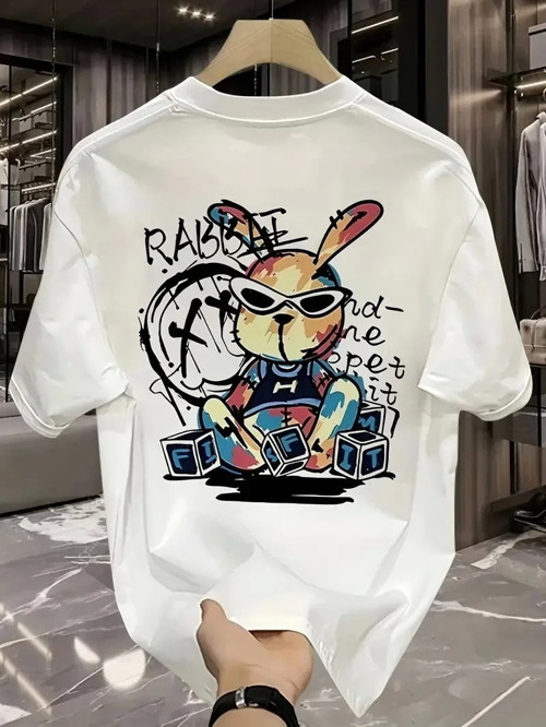 Güneş Gözlüğü Grafikli Karikatür Tavşan Oversize Kısa Kollu Tişört Çift Tişört, İlkbahar Ve Yaz - Be