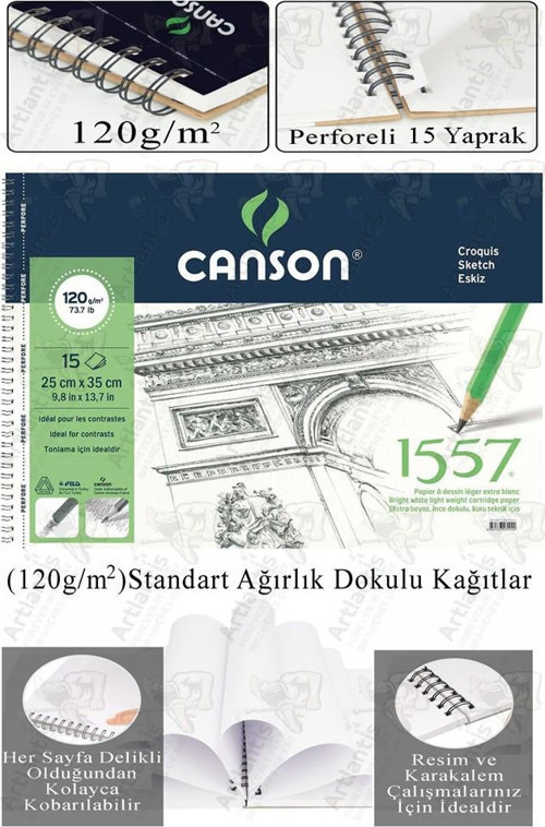 Telli Eskiz Defteri Canson 1557 25x35 cm Spiralli 15 Yaprak 1 Adet 120 gr Karakalem Sketch Resim Guaj Sulu Pastel