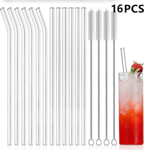14Pcs/Set Reusable Glass Straws Clear Smooth Glass Drinking Straw 6 Straight And 6 Bent With 2 Cl...