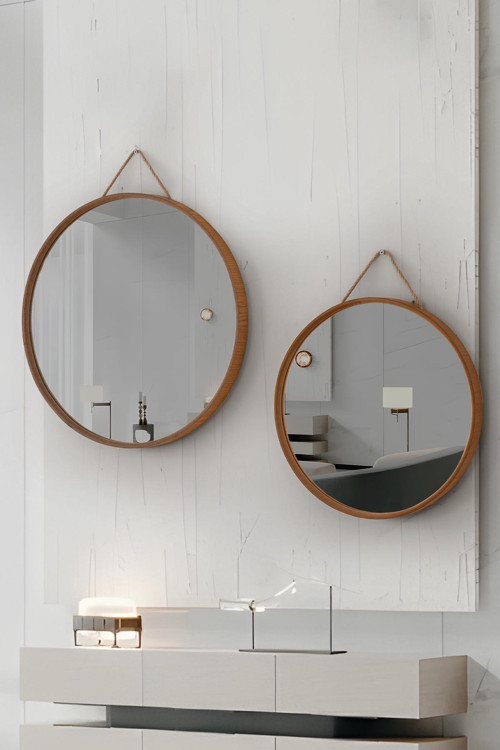 Mirora 2'li Yuvarlak Dekoratif Duvar Aynası | Boyalı Ahşap Çerçeveli | 60cm 48cm | Meşe