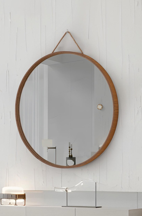 Mirora Yuvarlak Dekoratif Duvar Aynası | Boyalı Ahşap Çerçeveli | 60cm | Meşe
