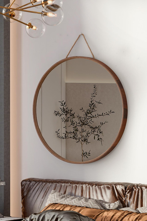 Mirora Yuvarlak Dekoratif Duvar Aynası | Boyalı Ahşap Çerçeveli | 60cm | Yerli Ceviz
