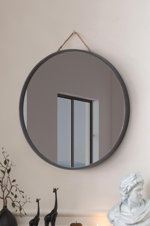 Mirora Yuvarlak Dekoratif Duvar Aynası | Boyalı Ahşap Çerçeveli | 60cm | Antrasit
