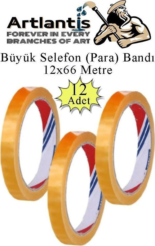 12x66 Metre Selefon Bant 12 Adet Büro Bandı Büyük Bant Makinelerine Uyumlu Kırtasiye Şeffaf Para Bandı