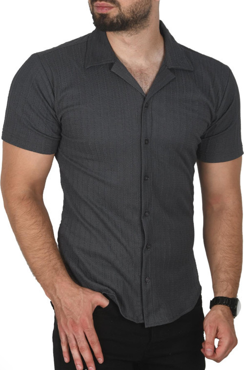 Erkek Antrasit Slim Fit Pamuklu Apaş Yaka Kısa Kol Penye Gömlek Dokulu Jakar Kumaş Dar Kesim Spor Gömlek 2501216