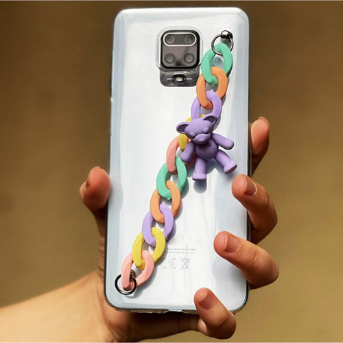 Galaxy A02s Kılıf Renkli Zincir Aparatlı Ayıcık Süslü Casebear Süper Şeffaf Silikon