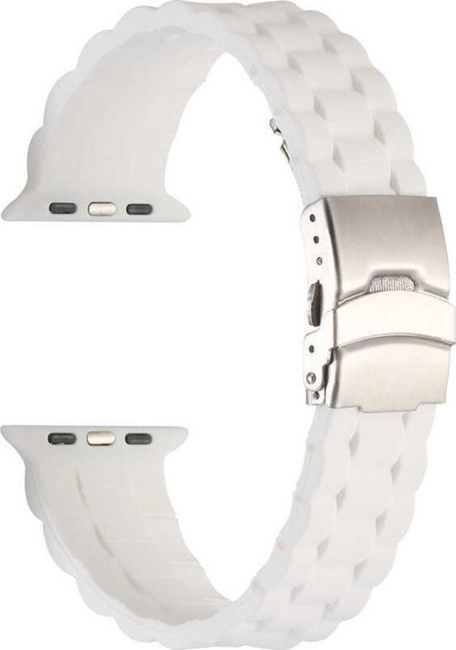 Apple Watch 5 Ile Uyumlu Kordon 42-44mm Metal Toka Delikli Ayarlanabilir Panoply Silikon Kayış Beyaz