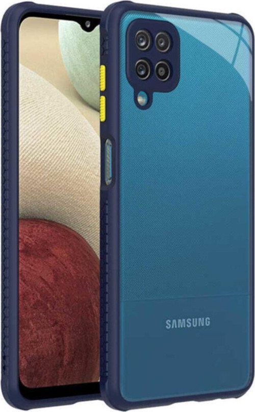 Galaxy A12 Lastik Desen Kenar Kamera Korumalı Arkası Şeffaf Halx Kılıf Lacivert