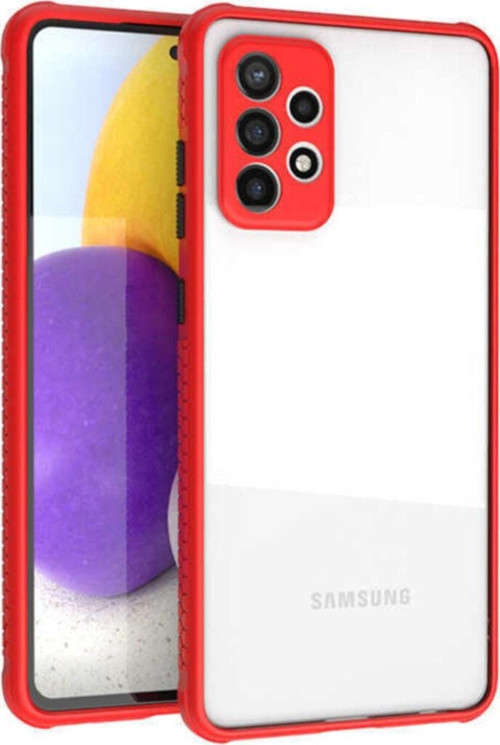 Galaxy A72 Uyumlu Lastik Desen Kenar Kamera Korumalı Arkası Şeffaf Halx Kılıf Kırmızı