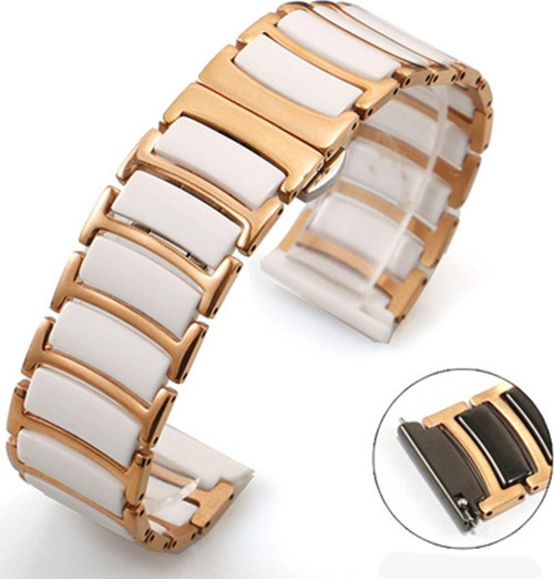 Watch 3 Ile Uyumlu Paslanmaz Seramik 45mm Denouement Metal Kordon Rosegold-beyaz