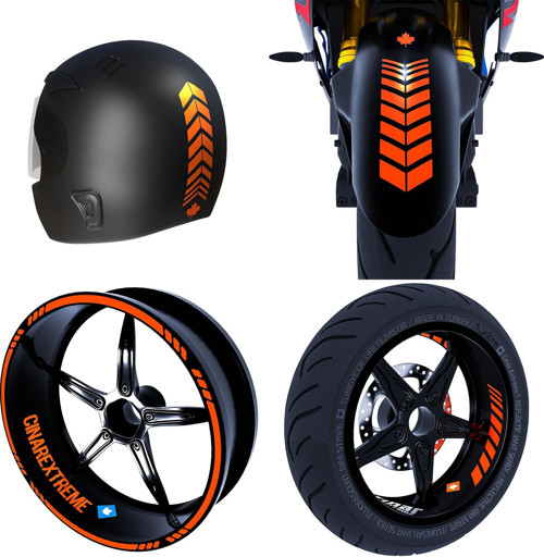 Moto Rider 4'lü Sticker Seti Alev Turuncu İç Dış Jant Şeridi Kask ve Çamurluk Çınar Extreme