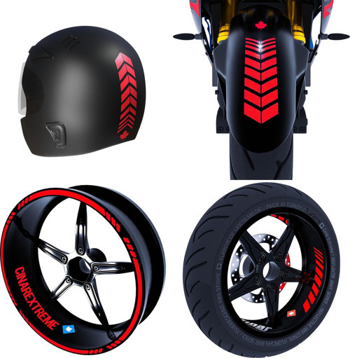 Moto Rider 4'lü Sticker Seti Reflektif Kırmızı İç Dış Jant Şeridi Kask ve Çamurluk Çınar Extreme