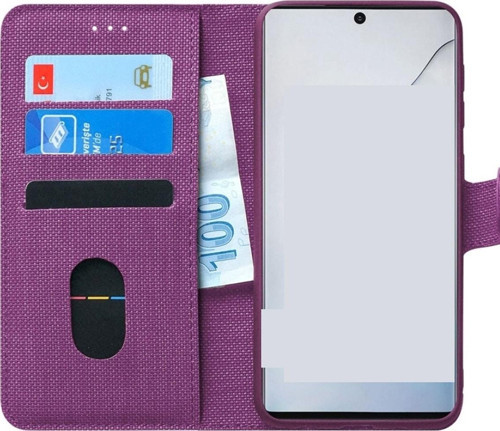 Samsung Galaxy A24 Ile Uyumlu Kılıf Stand Olan Kartvizitli Ve Para Gözlü Kumaş Desen Cüzdan Kılıf