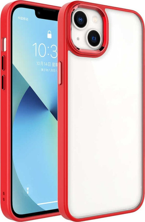 Iphone 14 Ile Uyumlu Kılıf Kenarları Renkli Silikon Arkası Şeffaf Sert Krop Kapak Kırmızı