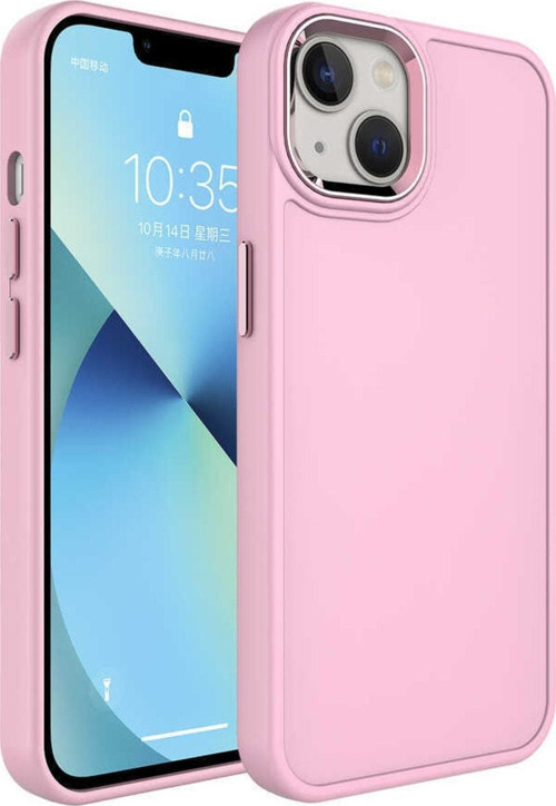 Iphone 14 Ile Uyumlu Kılıf Metal Çerçeve Tasarımlı Pastel Renkli Sert Ebullience Pembe Açık