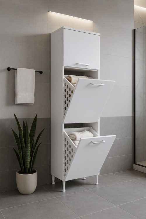 Furniture Çamaşır Sepetli Banyo Dolabı 2 Sepetli Çok Amaçlı Dolap Beyaz