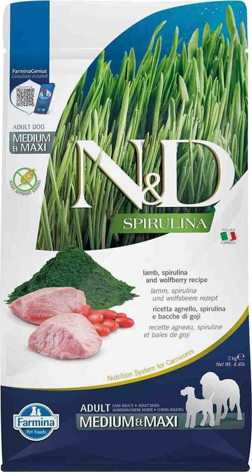 Spirulina Takviyeli Tahılsız Kuzulu Orta ve Büyük Irk Yetişkin Köpek Maması 2 kg