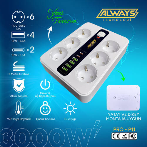 Leeways Akım Korumalı 6'lı Grup Priz 4 USB'li ve 2 TYPE-C li 6'lı Grup Priz 2 m Kablo Çocuk Korumalı 3